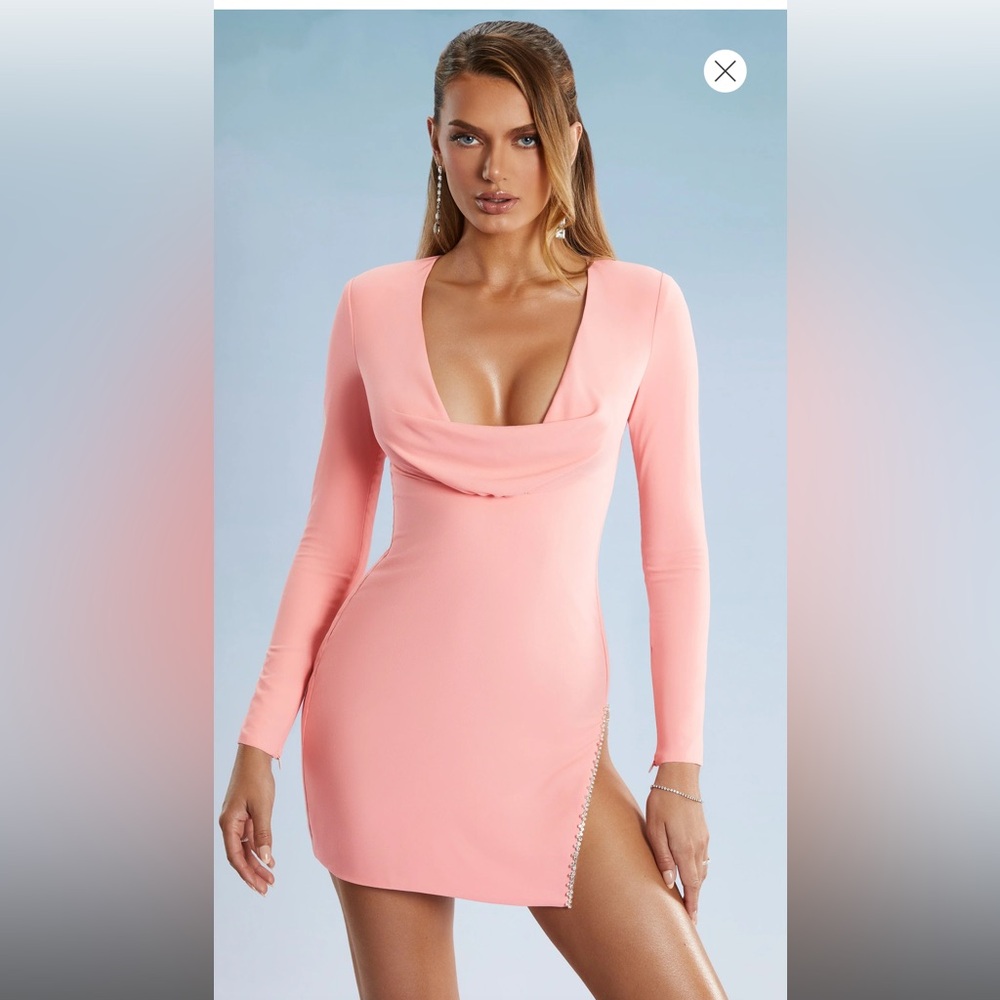 Oh Polly TATE Dress. Blush pink w/ rhinestone slit, cowl neck Size US 6